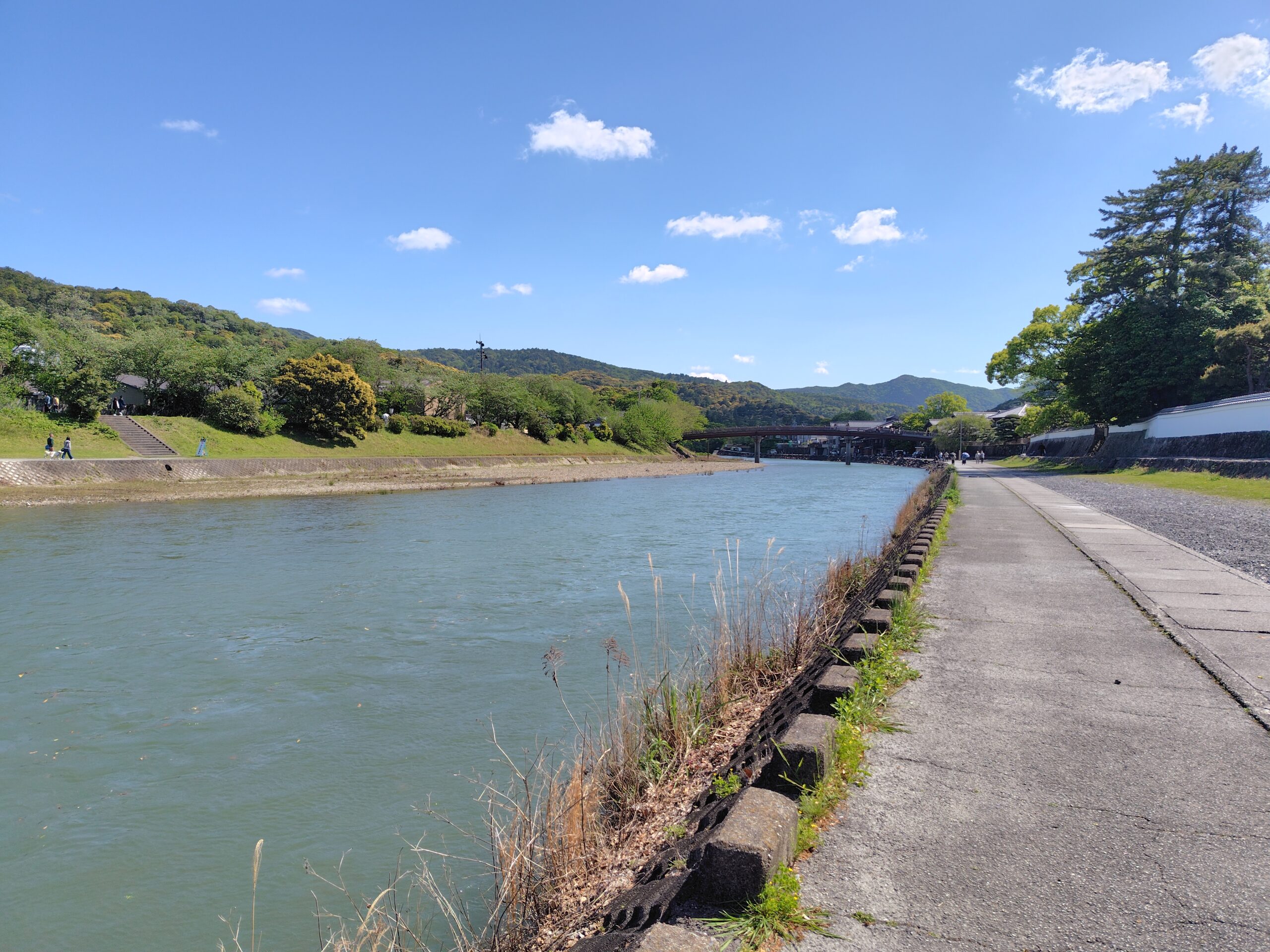 五十鈴川沿いの遊歩道、晴れた春の風景