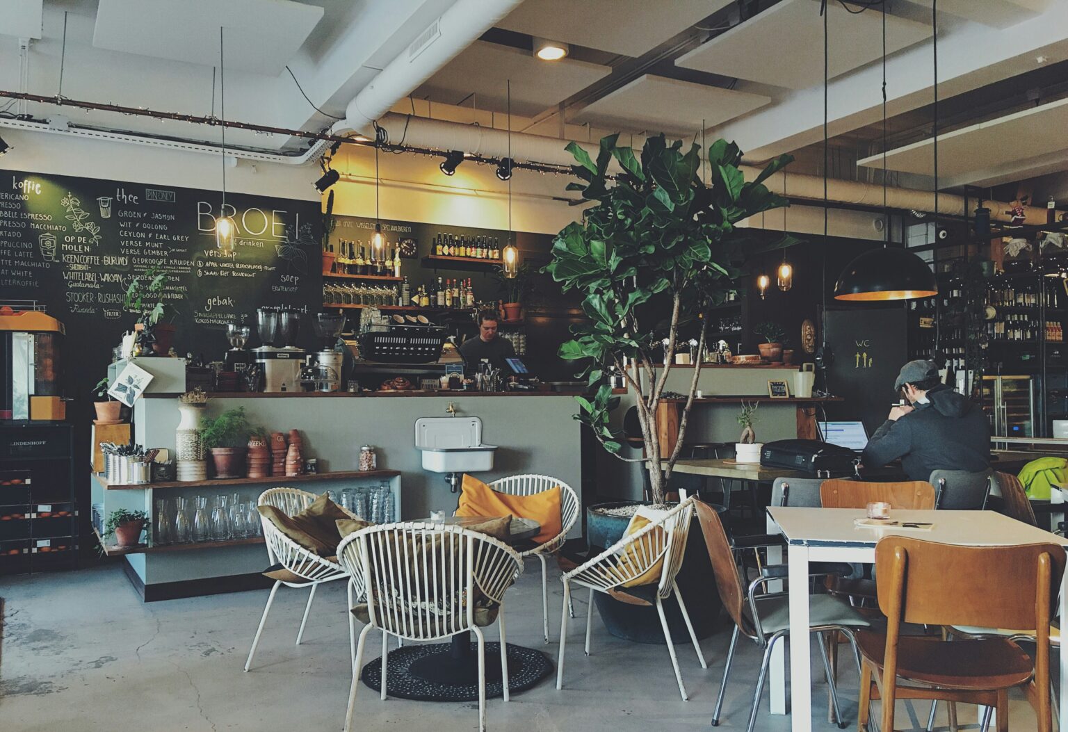 温かい照明と観葉植物に囲まれたカフェ店内、窓際で1人作業する人の風景。思考が動き出す心地いい時間のイメージ