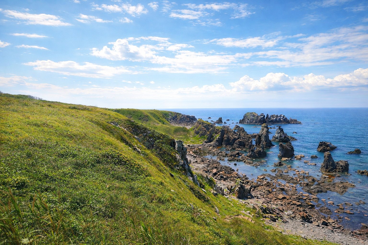 入道崎灯台から見た絶景・緑の芝生と青い海