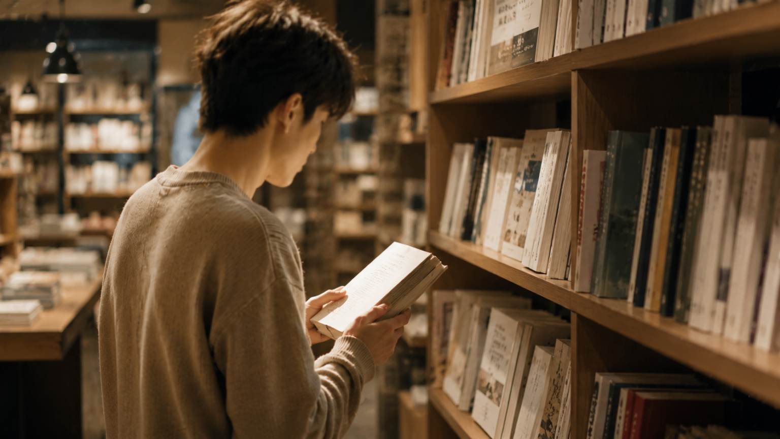 木のぬくもりがある書店の棚の前で、手に取った1冊のページをめくる男性の後ろ姿。偶然出会った本との時間