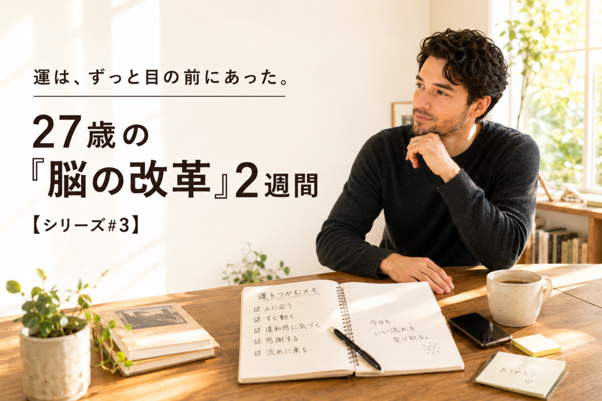 ノートとコーヒーのある机で物思いにふける27歳男性。「運は、ずっと目の前にあった。27歳の脳の改革2週間シリーズ#3」のアイキャッチ