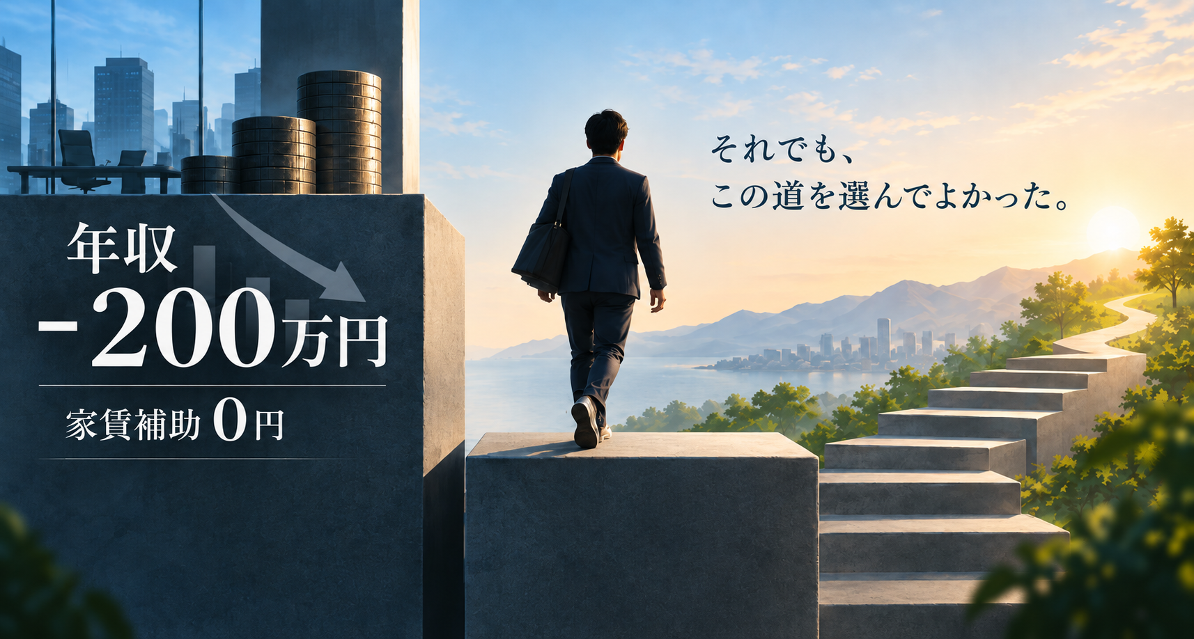 年収マイナス200万円・家賃補助0円の文字と、朝日に向かう階段へ歩き出すスーツ姿の男性の後ろ姿。年収が下がる転職を選んだ27歳